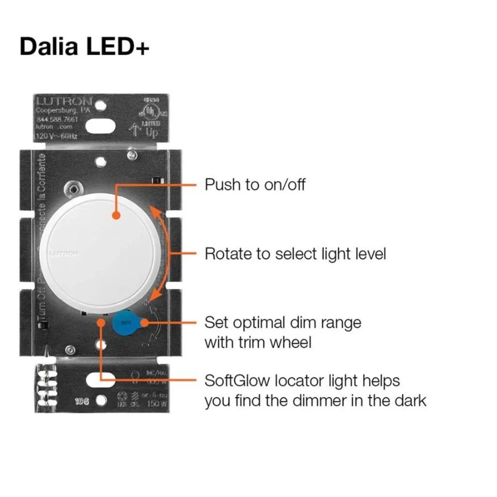 Lutron LED Softglow Dalia Dimmer RCL-153PNLH-WH White Single Pole or 3 Way 120V