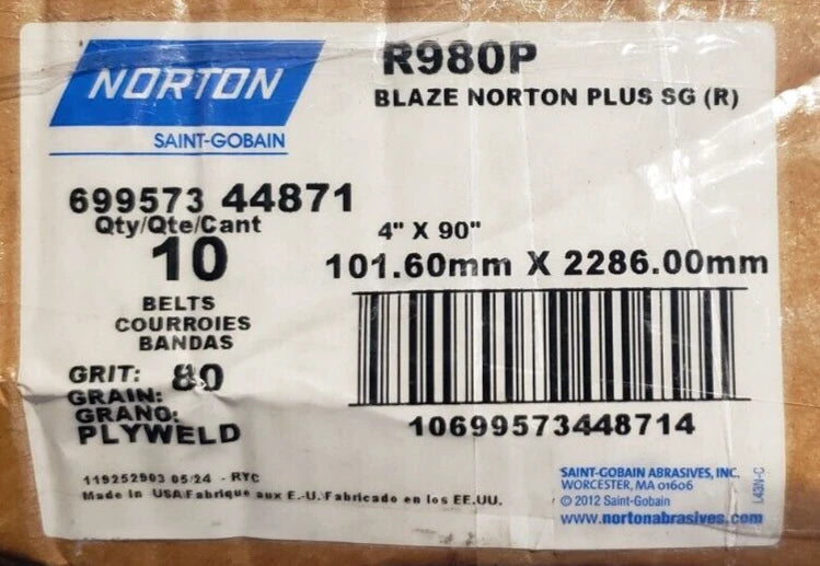 NEW - Norton SG Blaze R980P File Abrasive Belt, 4" x 90", 10 pack, FREE SHIPPING