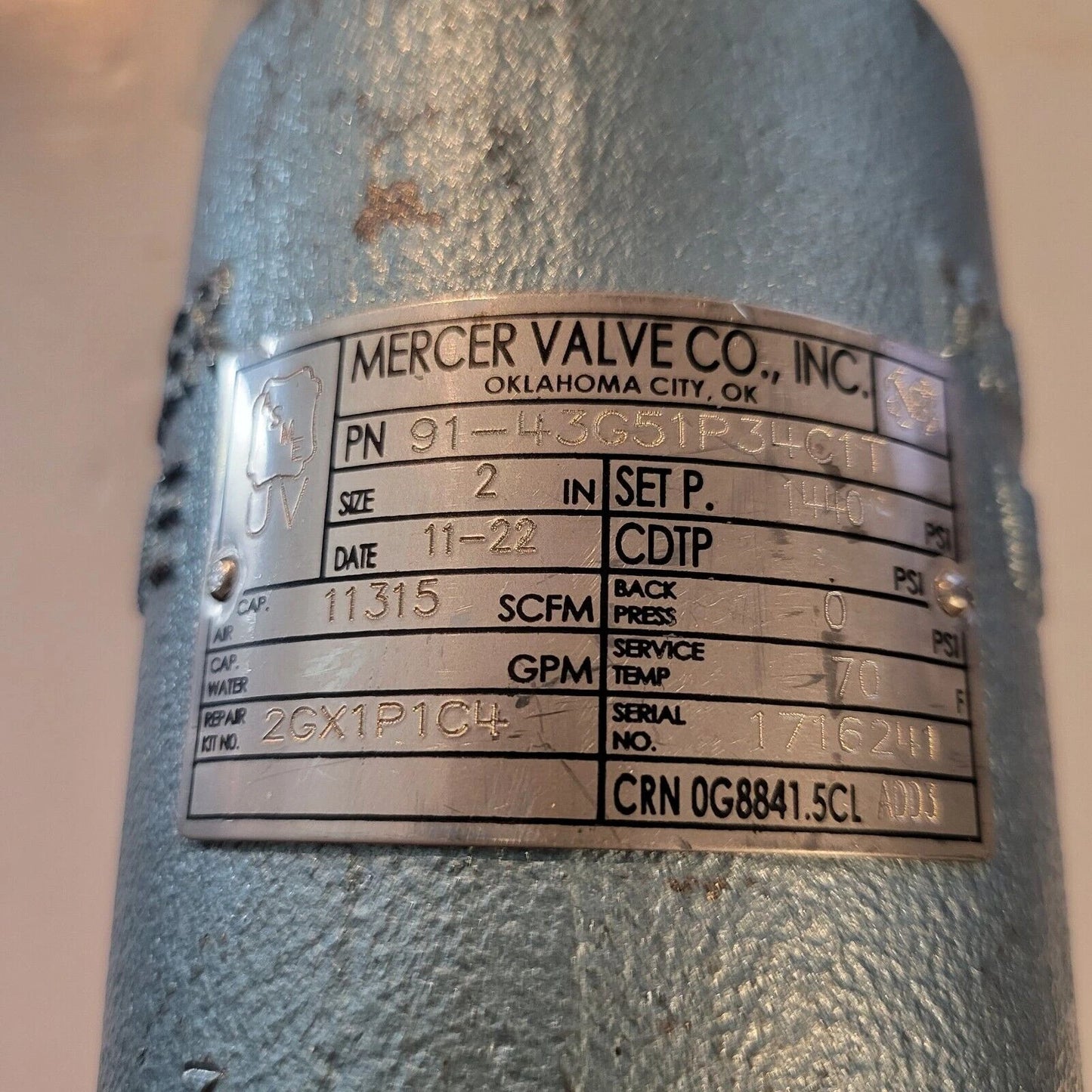 Mercer pressure relief Valve 9100 Threaded “G” Orifice - 91-43G51P34C1T