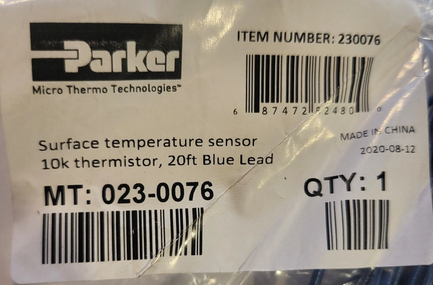 Parker 023-0076 Pipe Surface Temperature Sensor 10k Thermistor 20ft Blue Lead
