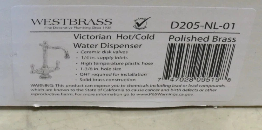 NEW Westbrass Victorian Hot & Cold Water Dispenser - D205-NL-01 Polished Brass