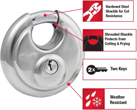 Master Lock 40KADPF Round Padlock with Shielded Shackle, Stainless Steel,Silver