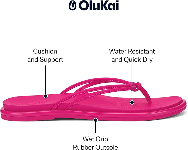 OLUKAI Aka Women's Beach Sandals, Water-Friendly Flip-Flop Slides, All-Day Comfort & Support, Stylish & Vibrant Colors, Pink Plumeria/Pink Plumeria, 7