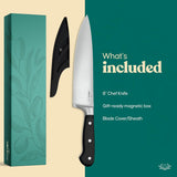 Olive Joy Chef Knife, 8 Inch Kitchen Knife, Professional Chefs Knife with Sheath in Gift Box, Great for Chopping, Cutting and Slicing Meat, Vegetables