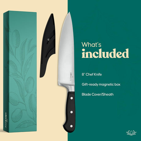 Olive Joy Chef Knife, 8 Inch Kitchen Knife, Professional Chefs Knife with Sheath in Gift Box, Great for Chopping, Cutting and Slicing Meat, Vegetables