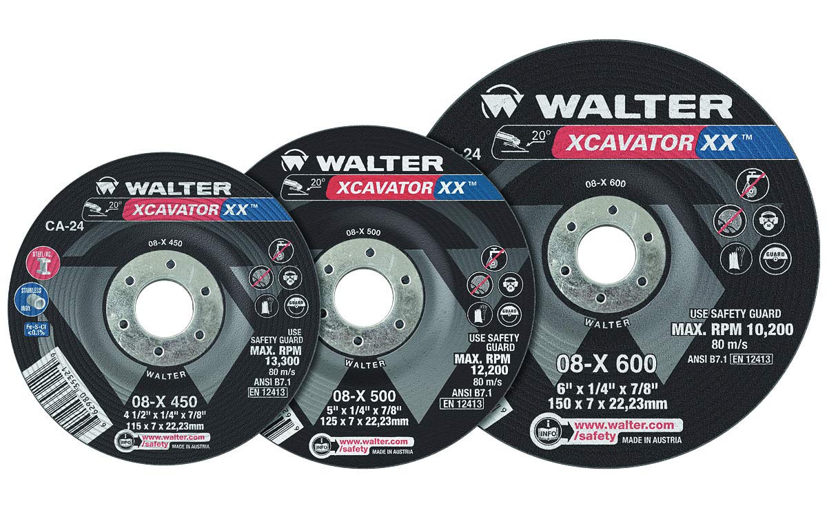 Walter Surface Technologies XCAVATOR XX Grinding Wheel 4-1/2'' X 1/4'' X 7/8'' T27S GR" CA-24 MAX RPM 13,300 PK10, Black