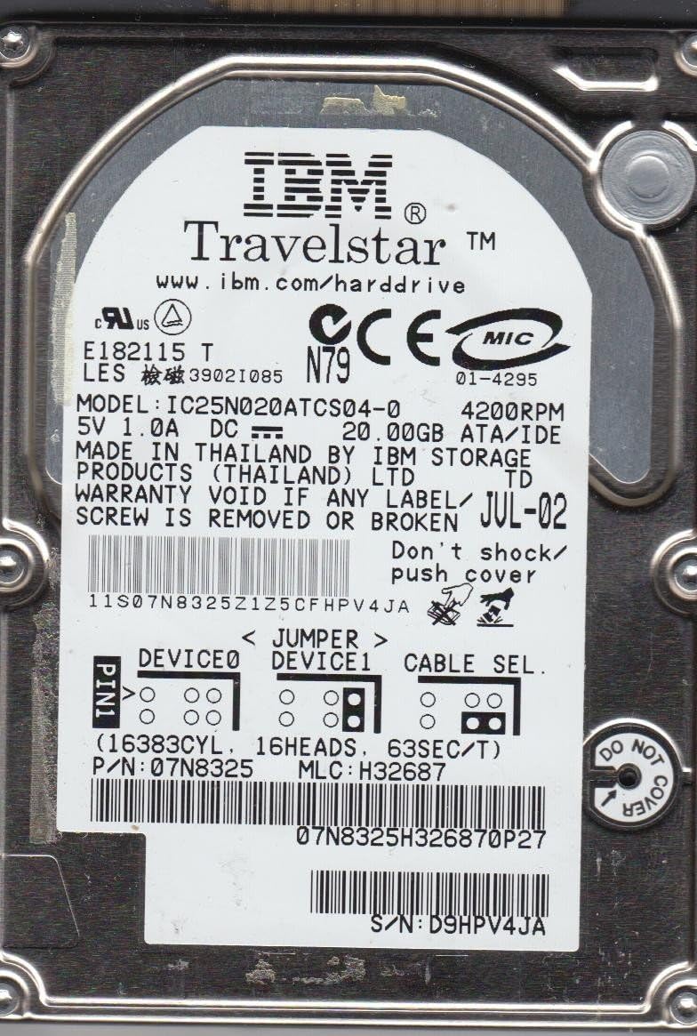 IC25N020ATCS04-0, PN 07N8325, MLC H32687, IBM 20GB IDE 2.5 Hard Drive