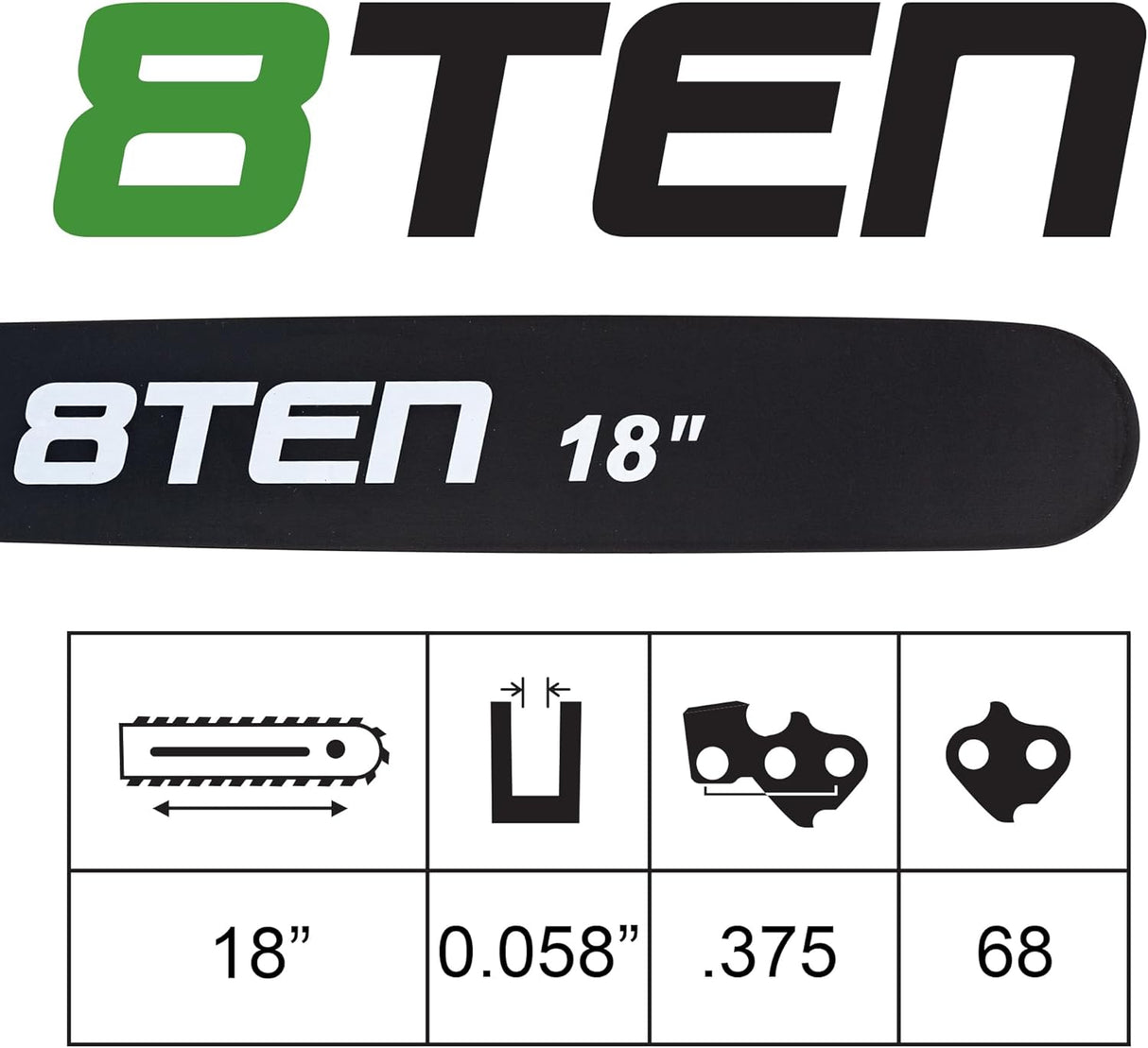 8TEN 18 Inch Chainsaw Guide Bar .058 3/8 68DL Chain for Husqvarna 460 455 Jonsered Homelite Dolmar Makita Efco Hardnose