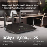 NETGEAR Nighthawk WiFi 6 Router (RAX36S) | 4-Stream Gigabit Router AX3000 Dual-Band Wireless Speed (Up to 3Gbps) Covers up to 2,000 sq. ft., 25 Devices | Includes 1-Year Armor Internet Security