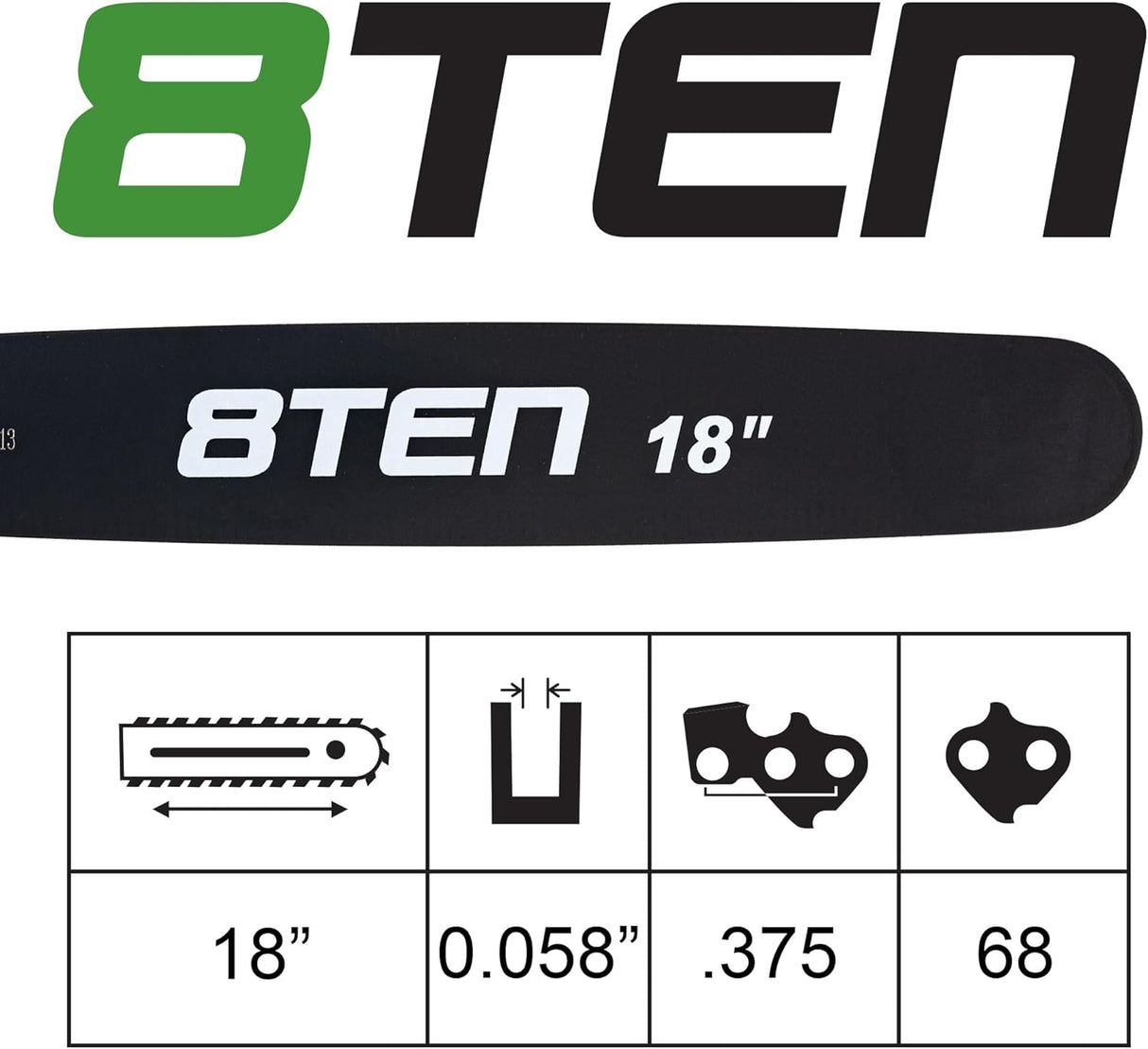 8TEN 18 Inch Chainsaw Guide Bar .058 3/8 68DL Chain for Husqvarna 372XP 365 Jonsered Makita Mcculloch Dolmar Solo Hardnose