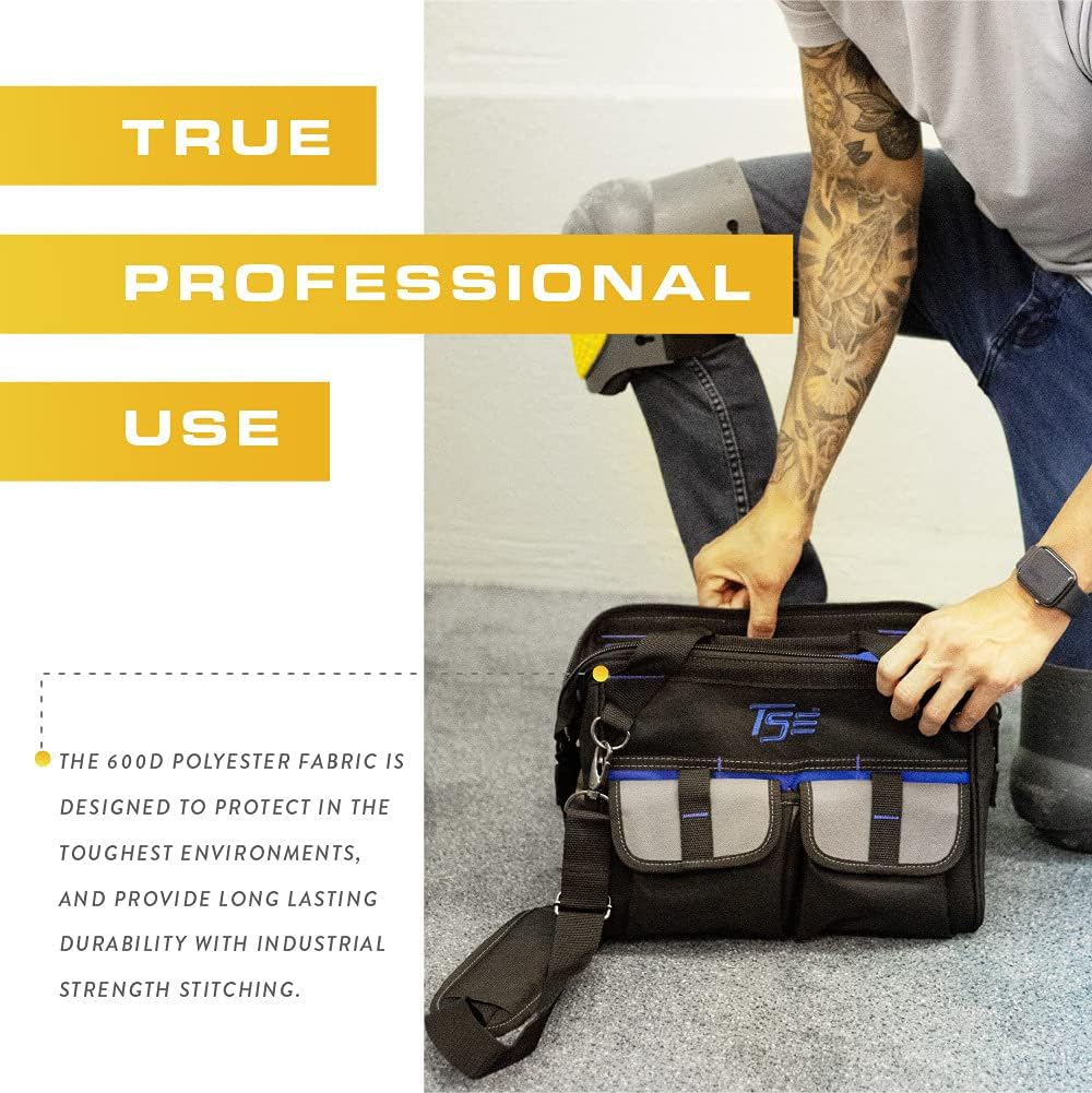 Full Function 12-Inch Tool Bag, Wide Mouth Opening, Multi-Function Pockets, Abrasion Resistant Waterproof Base, Tool Organizer, Heavy Duty, Maximum Protection by TSE Safety