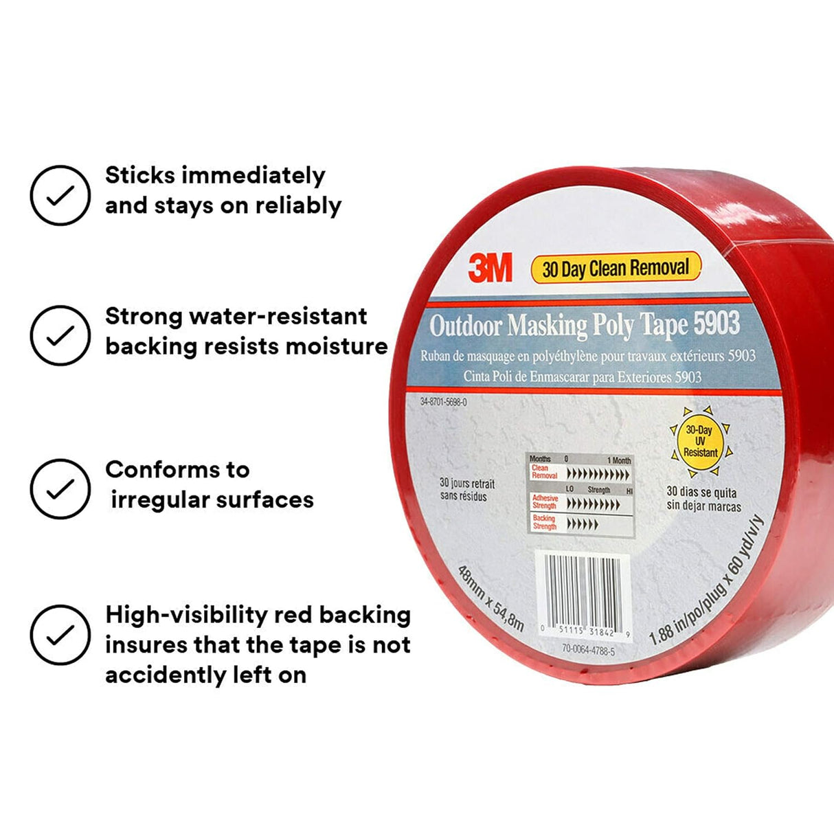 3M 5903 Outdoor Construction Masking Poly Tape, Red, 1.88 in x 60 yd x 7.5 mil, Exterior Water Resistant Tape, Pack of 1