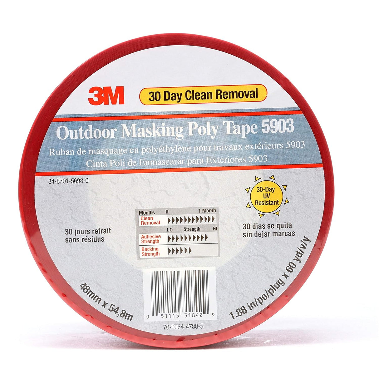 3M 5903 Outdoor Construction Masking Poly Tape, Red, 1.88 in x 60 yd x 7.5 mil, Exterior Water Resistant Tape, Pack of 1