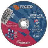 Weiler 57060 3-Inch Cutting Wheel, Tiger AO Steel/Metal Long Life, Performance Cutting, 1/16" A36T Type 1 3/8" Arbor (Pack of 100)