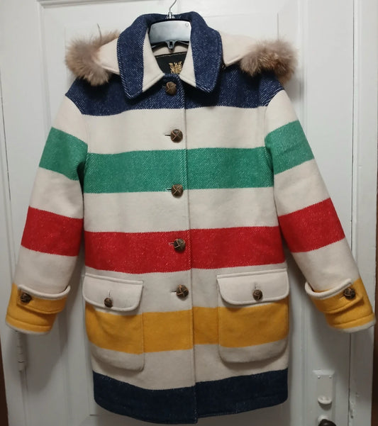 Hudson's Bay Company Multi Stripe Parka Detachable Coyote Fur Trim Hood Size S