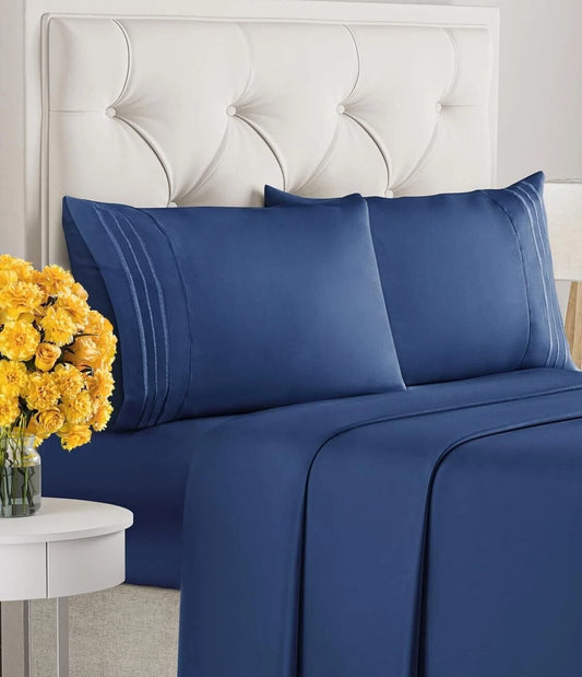 Cal King 4 Piece Sheet Set - Comfy Breathable & Cooling Sheets - Navy Blue