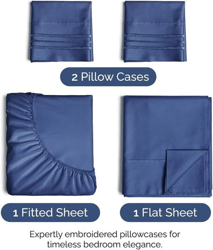 Cal King 4 Piece Sheet Set - Comfy Breathable & Cooling Sheets - Navy Blue