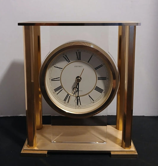 Vintage Seiko Quartz Brass Desk Mantle Clock  Dual Chimes Works! Original Ppwk!
