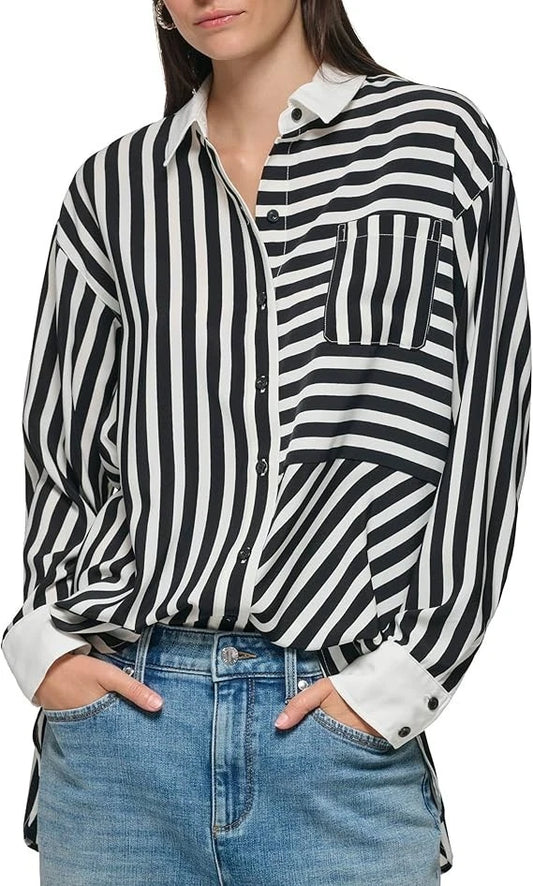 KARL LAGERFELD PARIS Women's Striped Button-Down Black/White Blouse Size Small