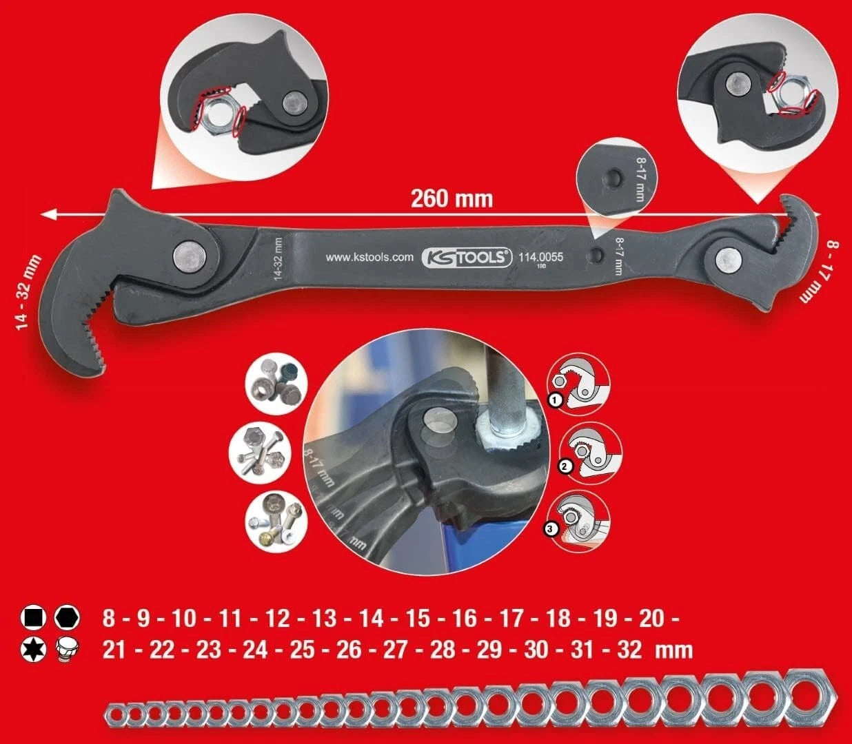 Ks Tools One-Hand Multifunction Wrench Spanner, 8-17/14-32mm 114.0055